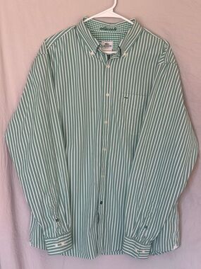 Y2K Lacoste Green Stripe Button-Down Shirt 100% Cotton Designed in France